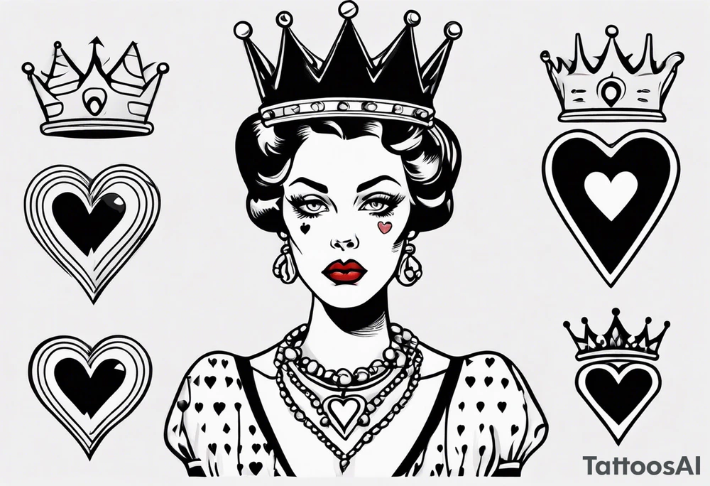 pin-up queen of hearts with blank eyes and a crown tattoo idea