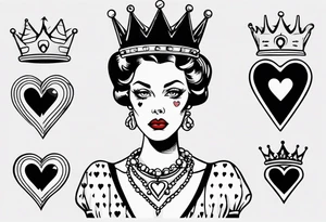 pin-up queen of hearts with blank eyes and a crown tattoo idea