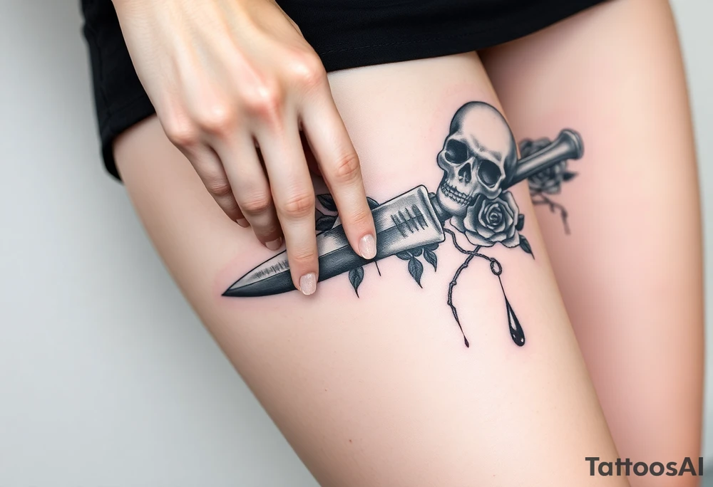 en el caos encontré mi forma favorita 
de amarte somos veneno y promesa.  Add around 

Woman’s hand reaching down grabbing blade handle, skeleton head on right under blade, rise on right under blade, blood dry from tip of blade, skeleton hand reaching for Blade tip. Just the hand and place above blade handle reaching for handle. Skull and rose underneath blade. Just the skeleton hand reaching for tip of knife which is dripping blood. tattoo idea