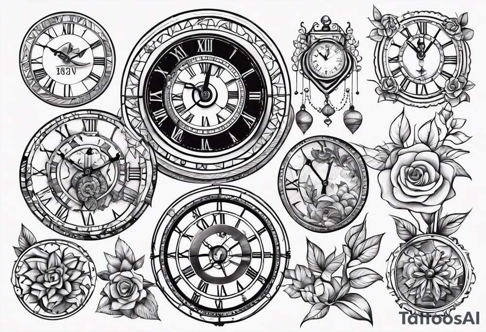Multiple Children’s name, multiple time piece, date of birth tattoo idea