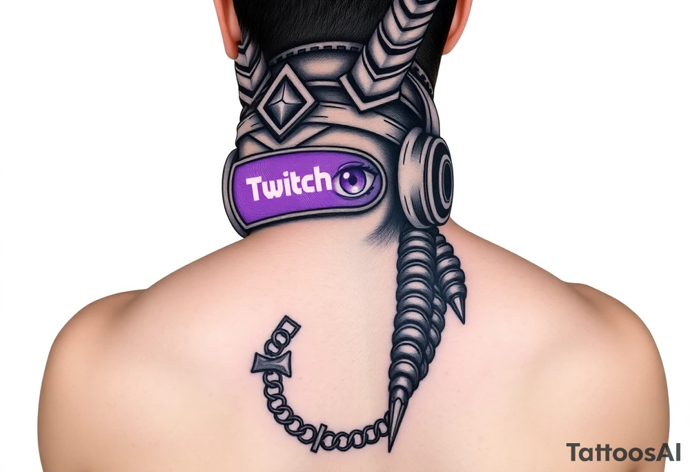"Anubis with streamer headset, broadcasting to:  
- Left eye: Twitch chat ('F in chat for humanity')  
- Right eye: Дзен-просветление (ASCII-арт мандалы)  
Title: *'Unboxing your afterlife (4K 60fps)'*.  

Style: Digital trash art. Purple/black. Thigh." tattoo idea