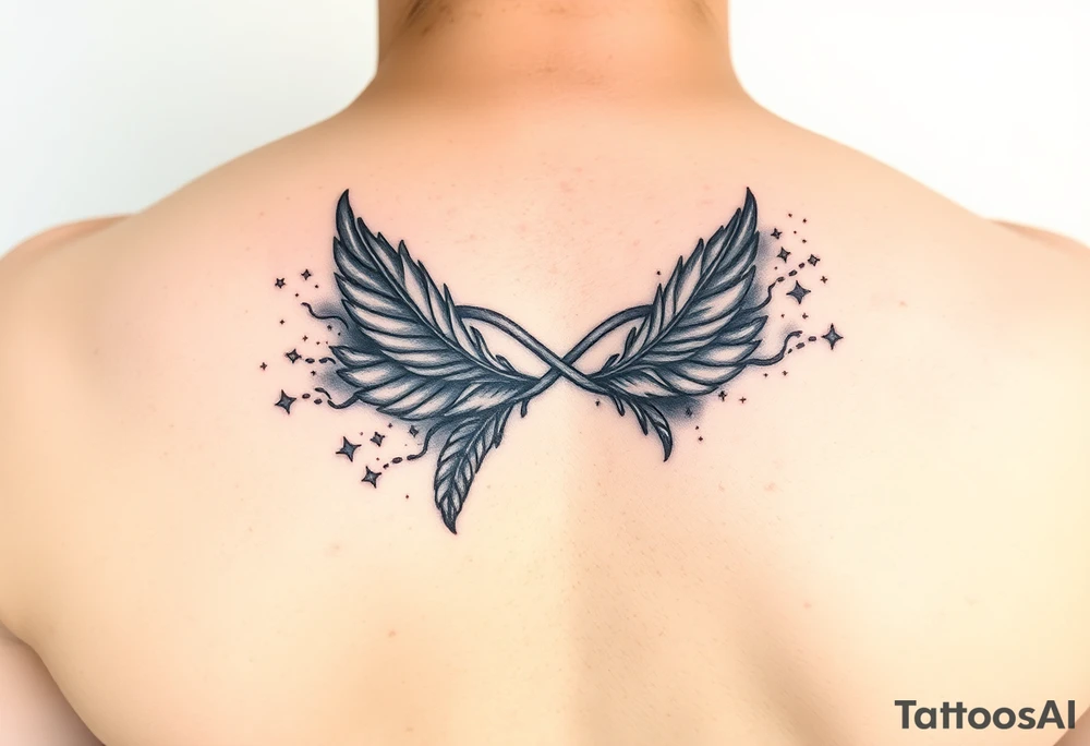 infinity symbol woven with floating feathers and stardust tattoo idea
