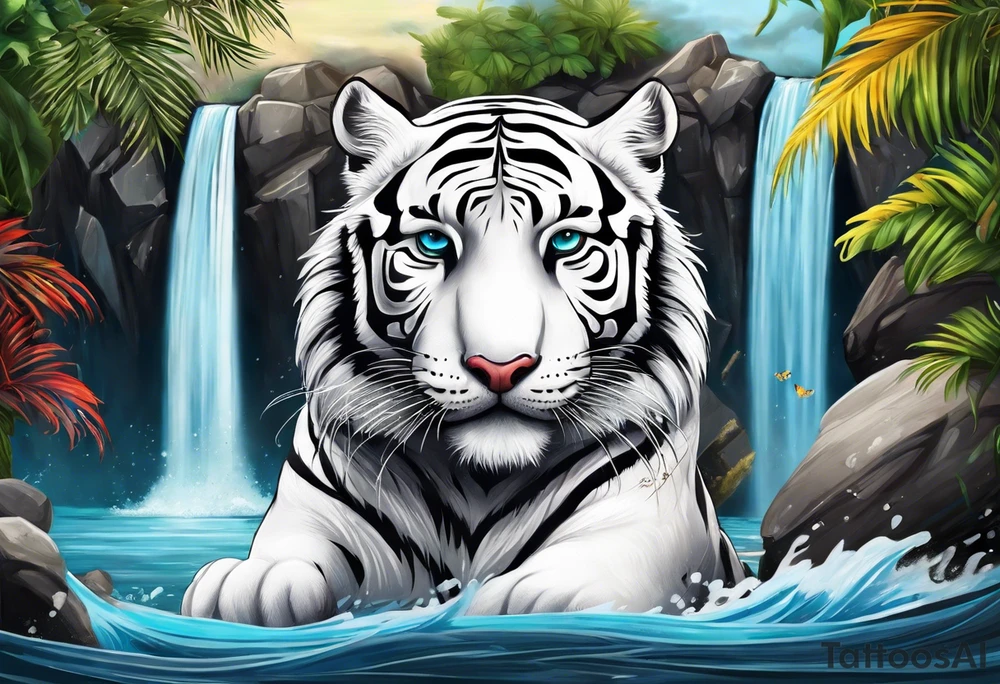 Two tigers: a white tiger and black tiger on opposite sides of a waterfall with an calligraphy ink container at the top and the Bahamas and Jamaica flag on opposite sides. tattoo idea