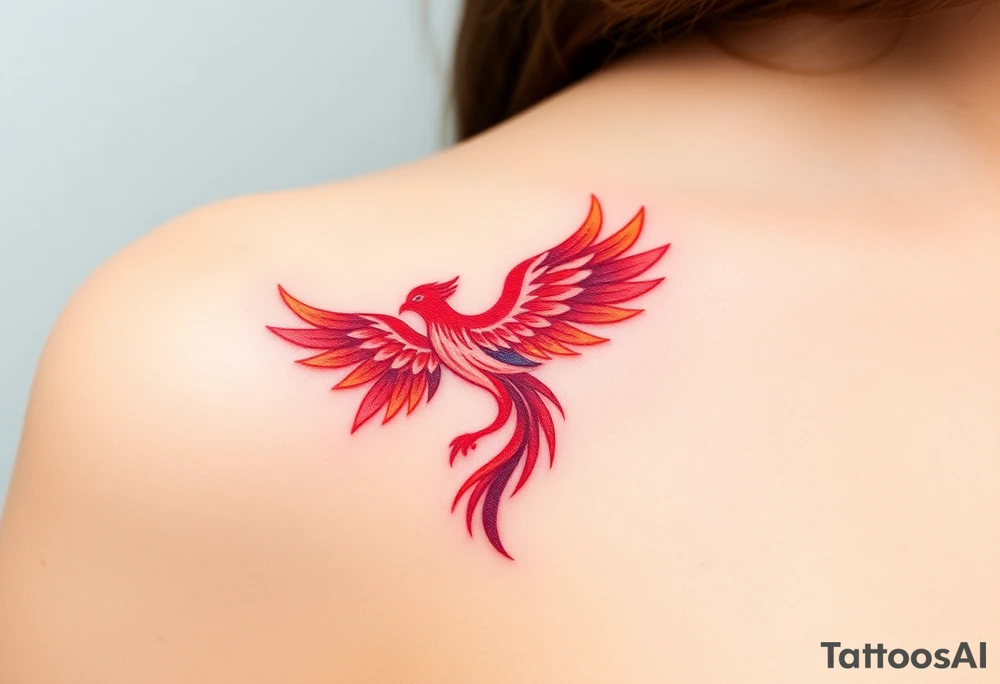 Phoenix rising from the ashes with the colors red, pink, orange and purple. Size 3 cm wide and 5 cm high tattoo idea