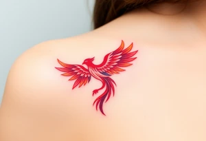 Phoenix rising from the ashes with the colors red, pink, orange and purple. Size 3 cm wide and 5 cm high tattoo idea
