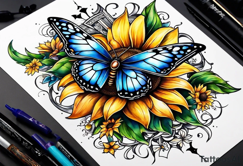 Winged cross with sunflower and butterflies tattoo idea