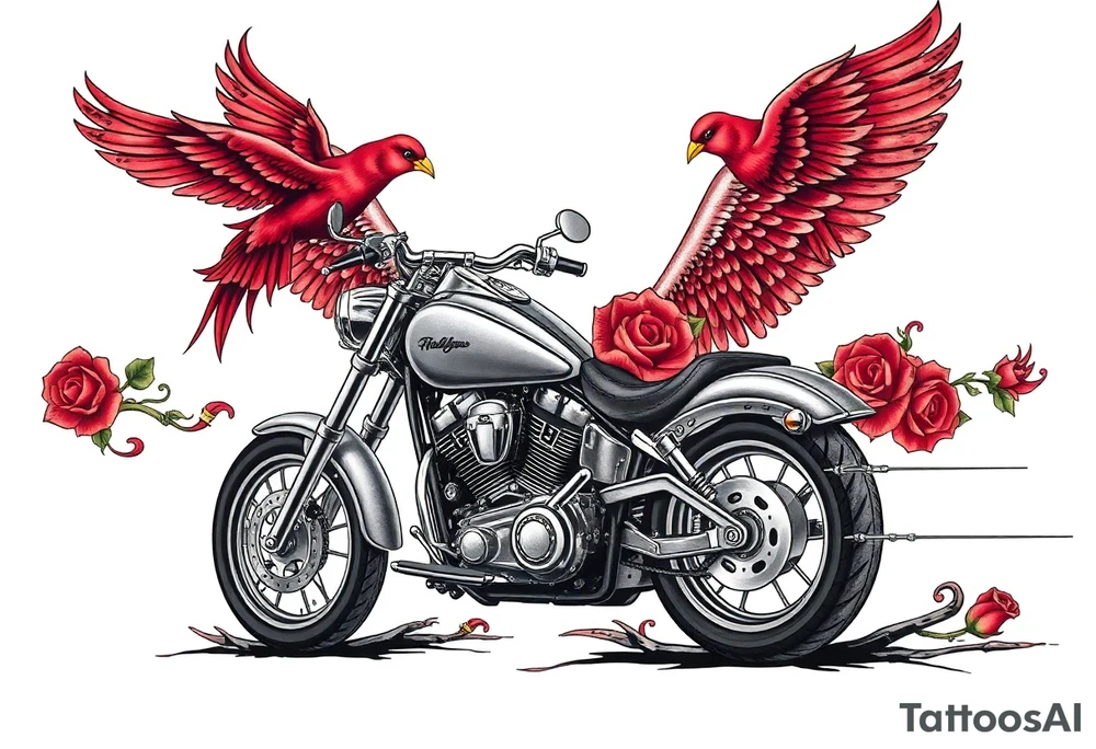 Harley grey motorcycle driving away, two red birds flying, roses, flames, angel wings tattoo idea