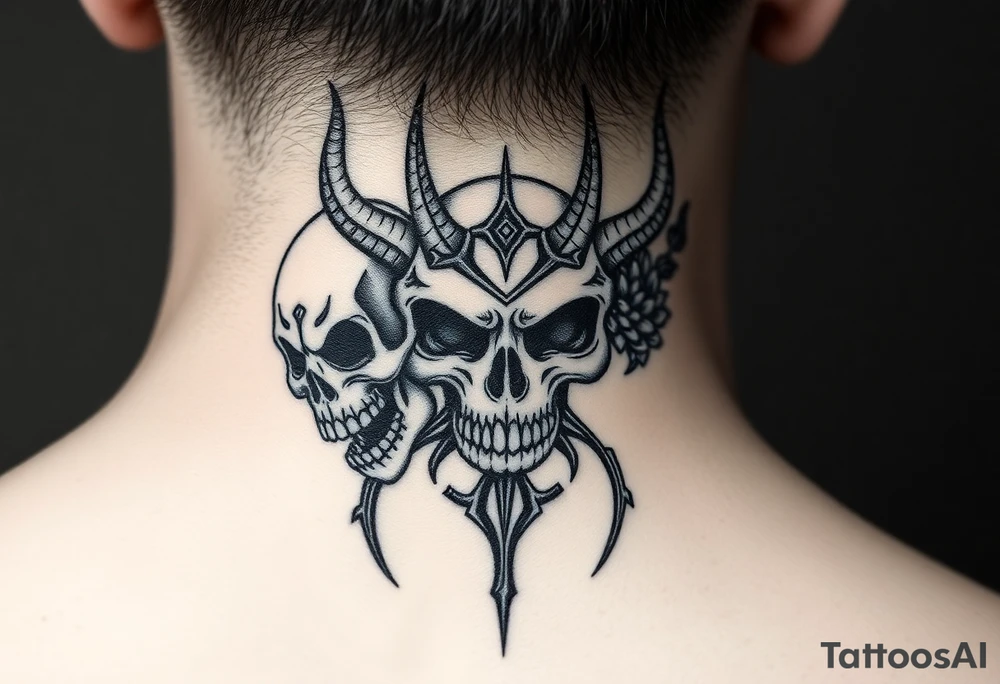 Tribal skulls of the devil with Japanese signs of the dead tattoo idea