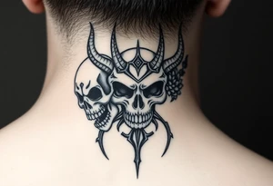 Tribal skulls of the devil with Japanese signs of the dead tattoo idea