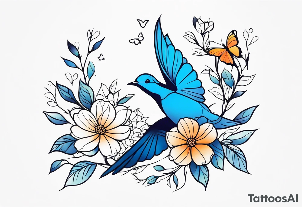 Flowers butterfly blue bird tattoo idea