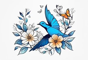 Flowers butterfly blue bird tattoo idea