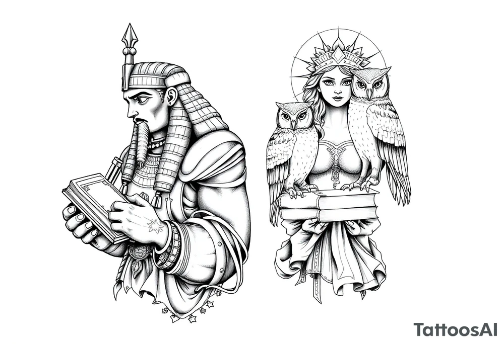 The Egyptian god Toth and the Greek goddess Athena with books and owls tattoo idea
