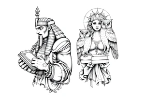 The Egyptian god Toth and the Greek goddess Athena with books and owls tattoo idea