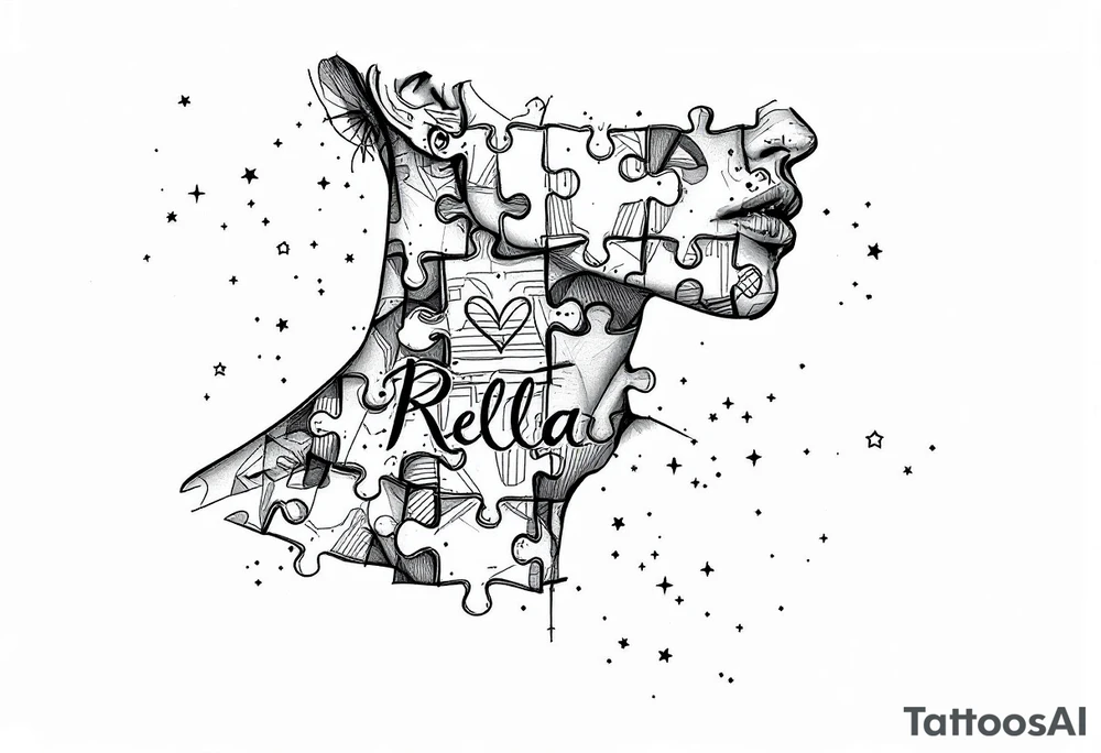 Puzzle piece neck tattoo where one of the pieces says Rella with an heart tattoo idea