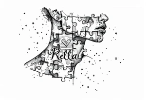 Puzzle piece neck tattoo where one of the pieces says Rella with an heart tattoo idea