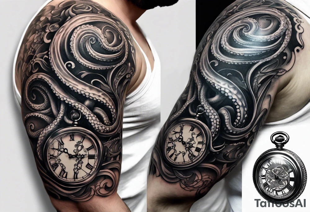 to be drawn in the arm, pocket watch wrapped under an aggressive octopus in side view tattoo idea