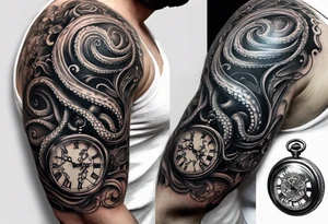to be drawn in the arm, pocket watch wrapped under an aggressive octopus in side view tattoo idea