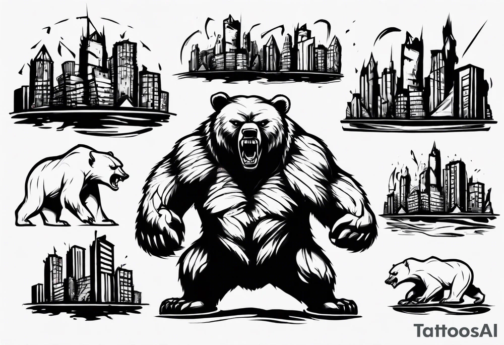 Angry bear coming up behind a city tattoo idea