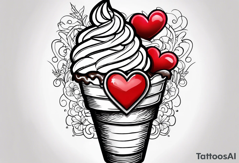 sketch chocolate chip ice cream cone with one red heart tattoo idea