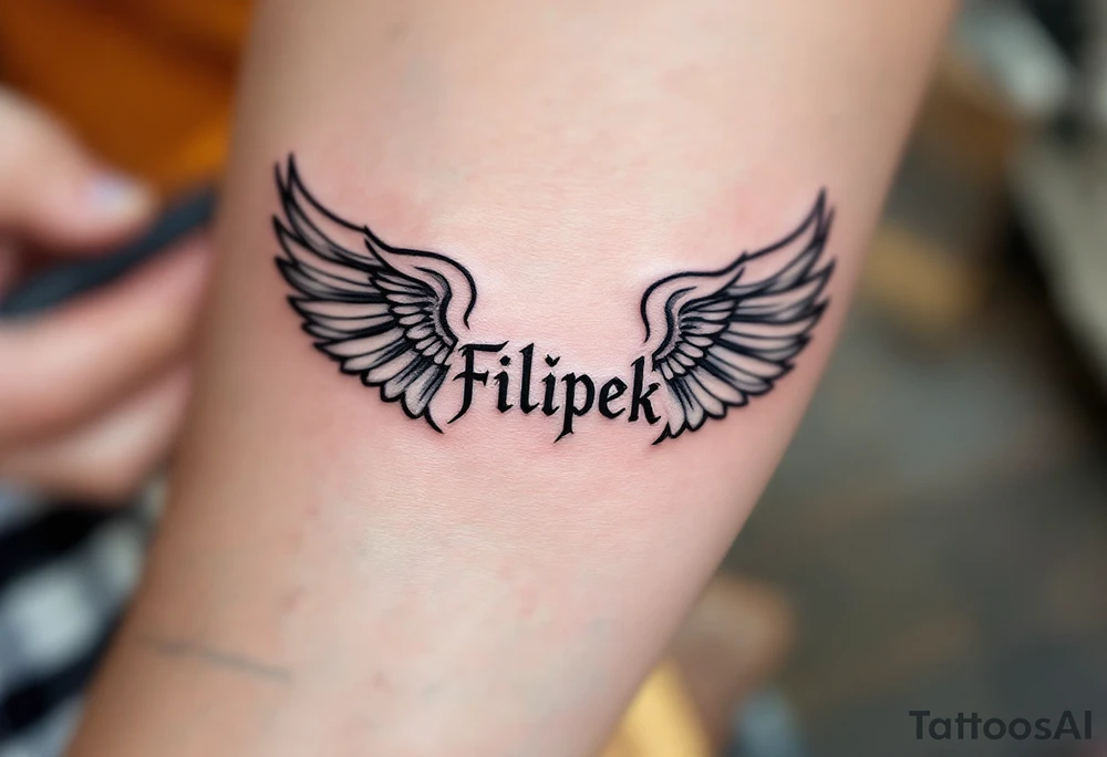 The name Filípek cradled by a pair of gentle gray angel wings. tattoo idea