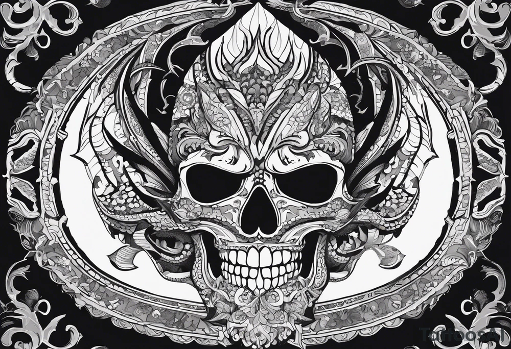 A black-and-white silhouette illustration of a fantastical skull with intricate details, its face twisted into surreal, angular shapes. Wrapped around the skull is a dragon, its body coiled in a striking, dynamic pose, with sharp, bold outlines for its scales and features. Surrounding the main skull are several smaller skulls, each with distinct, abstract patterns formed from solid black lines and shapes. The overall design is rich in detail, but entirely in black and white, with no shading or gradients. The background is dark and minimalistic, with swirling, shadowy shapes that add a sense of mystery and the supernatural. The composition embodies dark fantasy, emphasizing death and creativity through sharp contrasts and striking silhouettes. tattoo idea