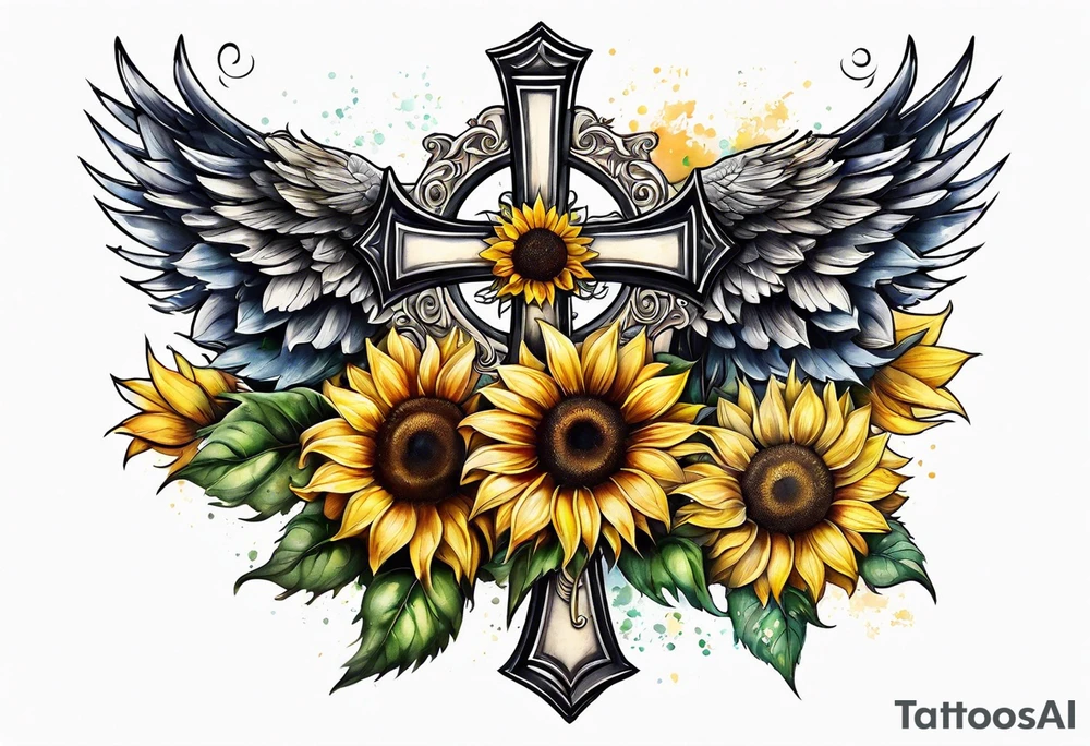 Winged cross with sunflower tattoo idea