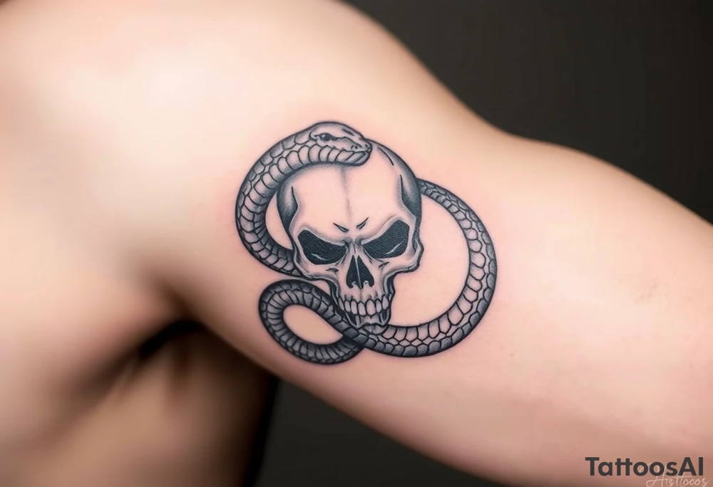 A hyper-realistic Dark Mark, with the snake slithering around the skull, coiled in a hypnotic pose tattoo idea