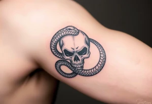 A hyper-realistic Dark Mark, with the snake slithering around the skull, coiled in a hypnotic pose tattoo idea