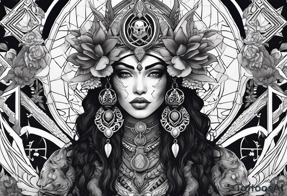 kali ma, alien goddess, valkrye, aries, pirate, divine feminine, zenza resonance, pachamama, lotus azul, blank panther, eagle, skull, 5D, nueva gaya, dna 12 tattoo idea