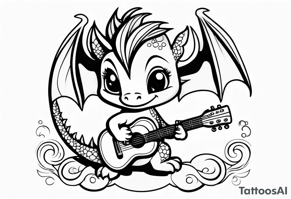 cute baby dragon with guitar tattoo idea