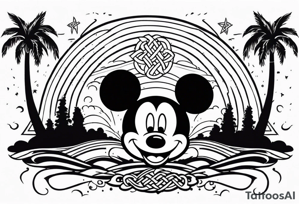 mickey mouse in a lightning storm with palm trees and the celtic symbol for family tattoo idea