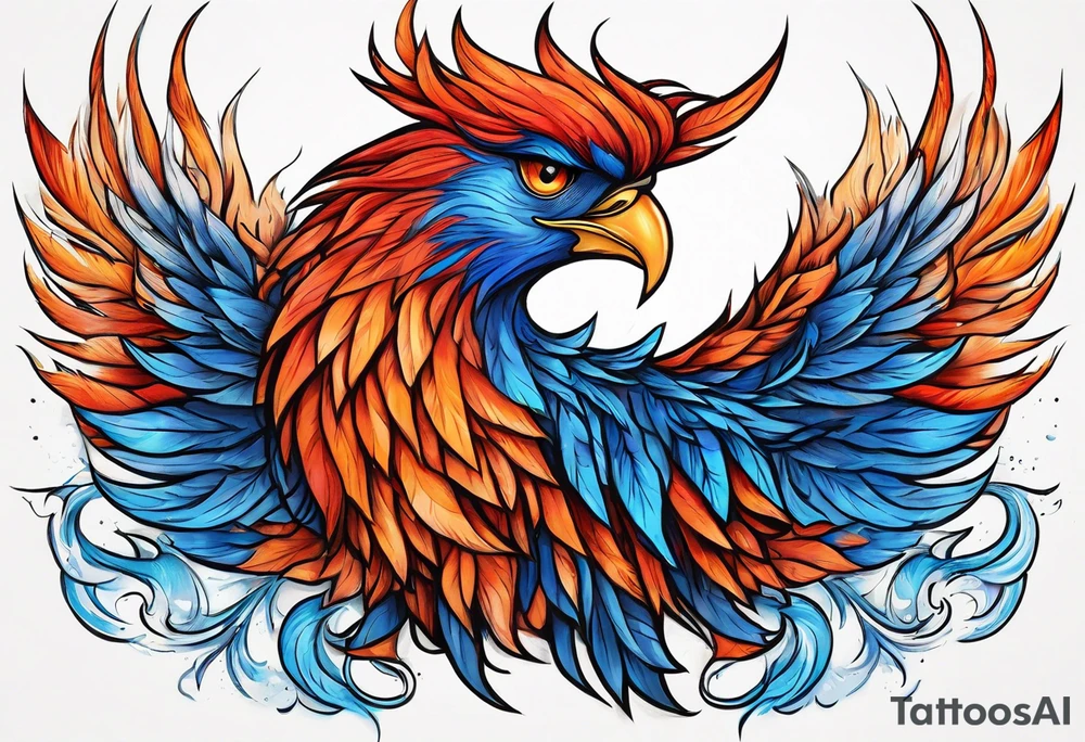 Proud Strong red orange phoenix with blue tips tattoo idea
