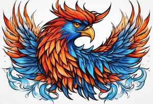 Proud Strong red orange phoenix with blue tips tattoo idea