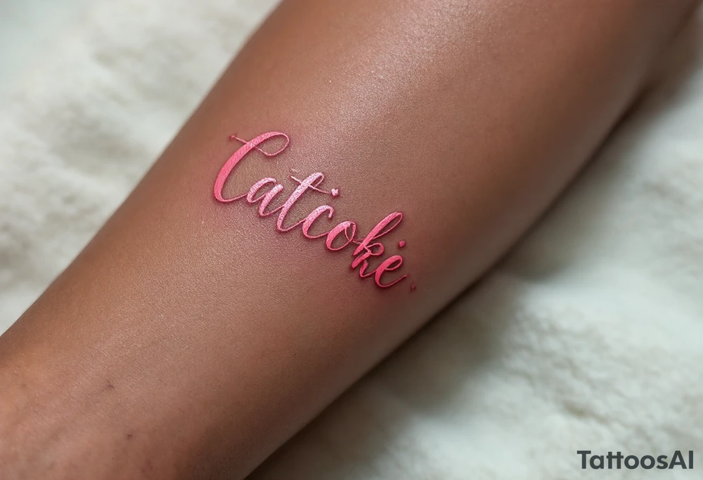 Pink ink lettering on darker skin, glowing subtly like chalk on a blackboard, surrounded by geometric shapes. tattoo idea