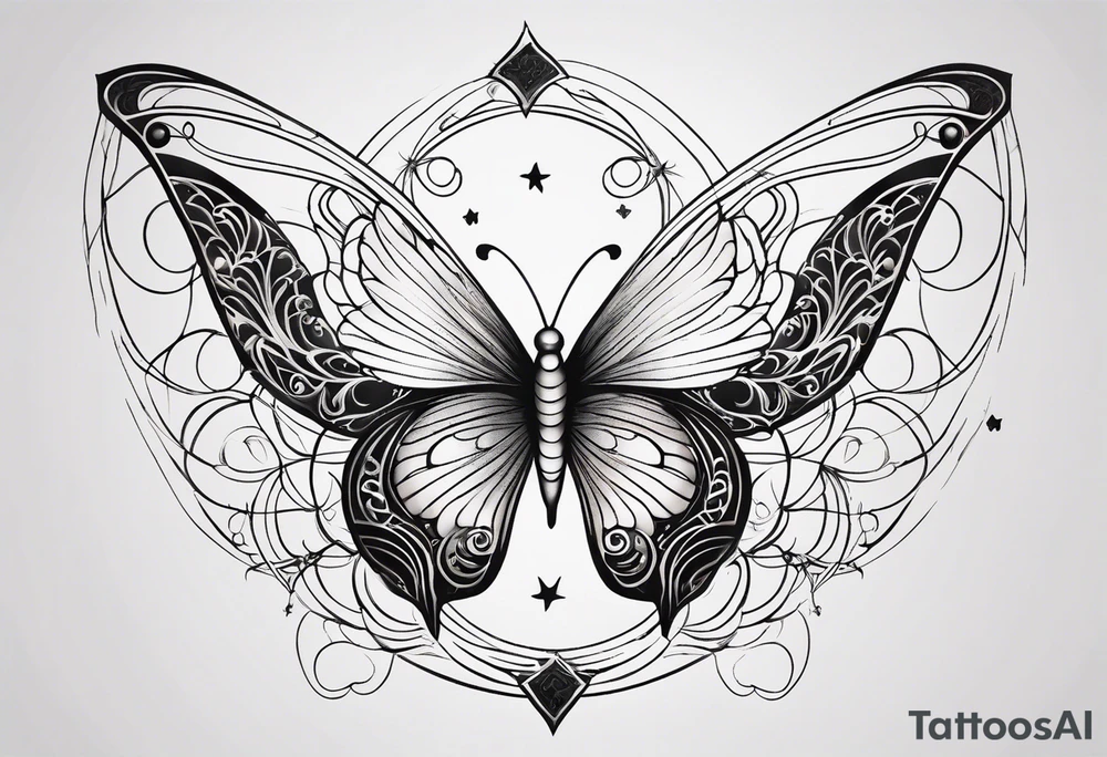 Feminine butterfly with fine lines, incorporating subtle sun and moon symbols in the wings, flowing curves representing the balance of fire and water, all in a minimalist, elegant style. tattoo idea