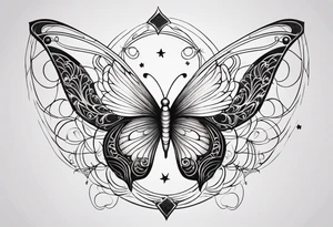 Feminine butterfly with fine lines, incorporating subtle sun and moon symbols in the wings, flowing curves representing the balance of fire and water, all in a minimalist, elegant style. tattoo idea