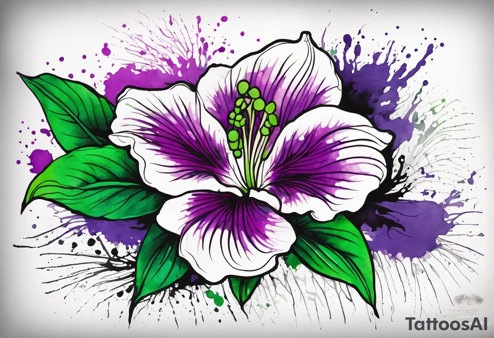 An outline of a green rio dipladenia flower and a green and purple watercolor splash in the background tattoo idea