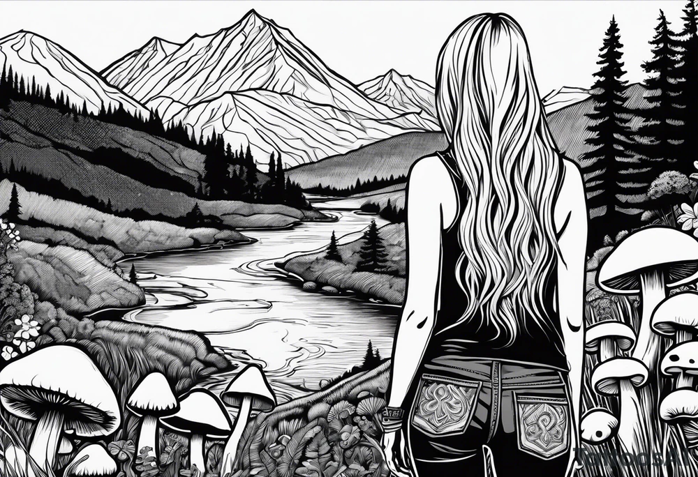 Straight long blonde hair hippie girl in distance holding mushrooms in hand facing away toward mountains and creek surrounded by mushrooms tee shirt and hiking pants tattoo idea