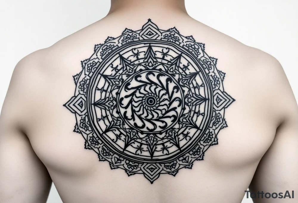 A sacred Thai Sak Yant tattoo design, deeply spiritual, hand-poked style, intricate black linework with geometric patterns and mantras. Central motif: an Unalome spiral representing the spiritual path, symbolizing freedom from addictions, regrets, and negative behaviors. Around it, elements of the Gao Yord (nine spires) for protection, discipline, and mental clarity. Incorporate subtle imagery of flowing time (like a stylized hourglass or lotus petals falling) to remind that life is limited and must be lived fully. The design should radiate energy of self-concentration, inner strength, and detachment from comparison with others. Minimal shading, authentic Thai sak yant style, symmetrical and sacred, suitable for tattoo. tattoo idea