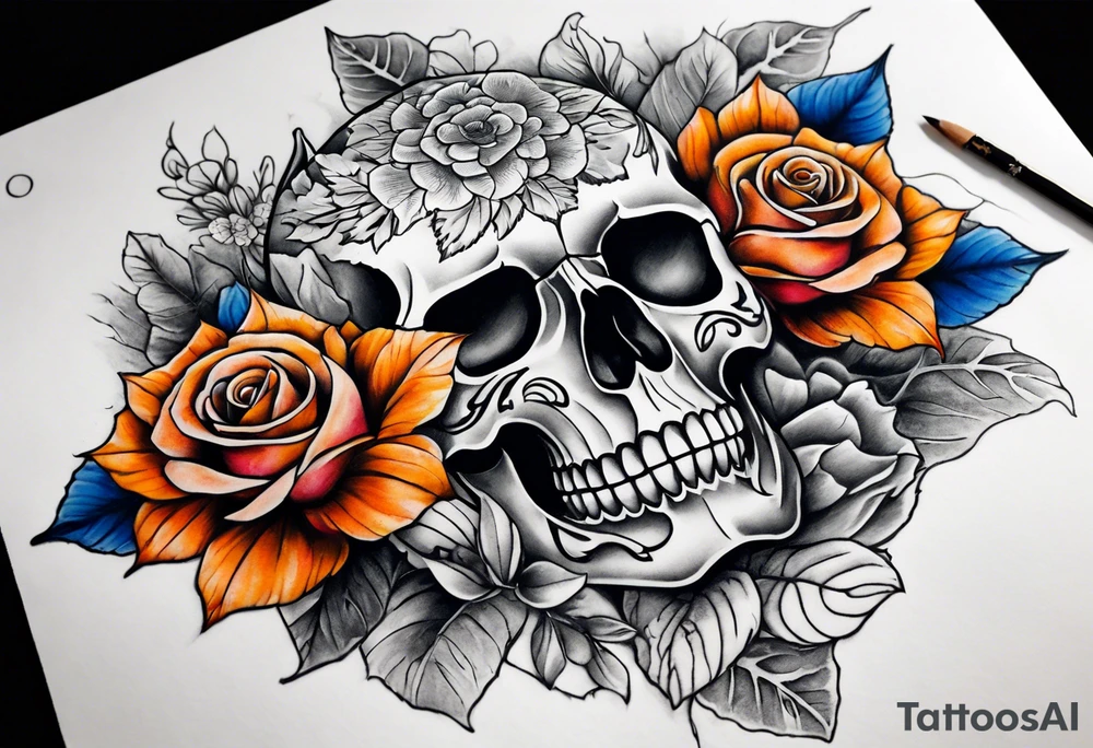 Front knee tattoo with fall colors, small flowers, rose, devil skull, leaves, blue water flows with washes and background Powell Peralta tattoo idea