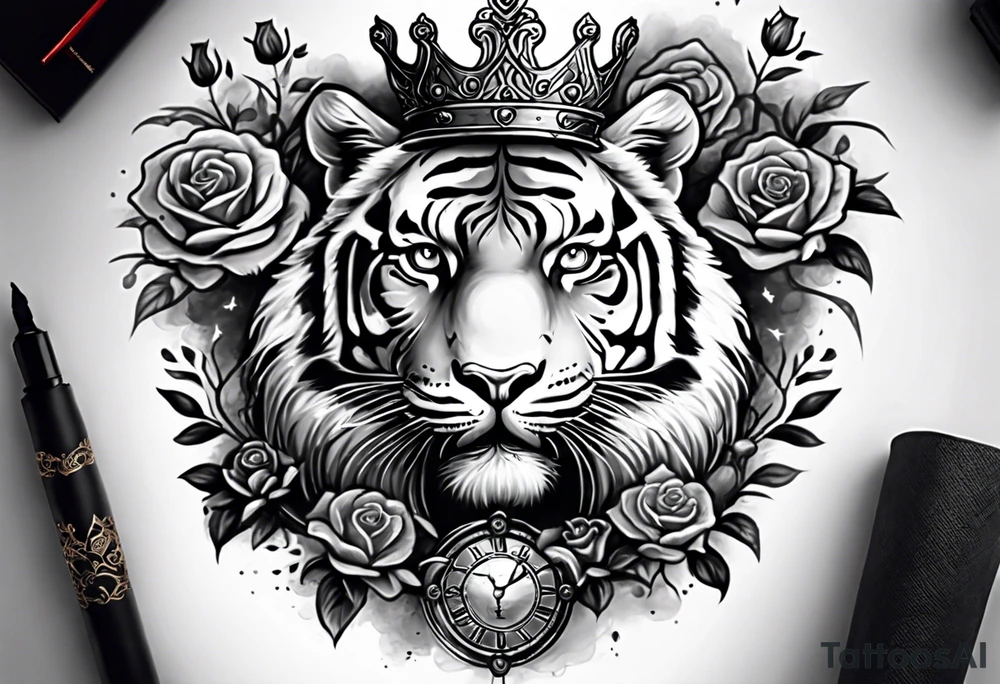 tiger with a crown and third eye with a hour glass instead the hour glass brain cover in in clouds and a heart cover in grass and roots with roses and smoke all over the arm tattoo idea