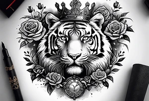 tiger with a crown and third eye with a hour glass instead the hour glass brain cover in in clouds and a heart cover in grass and roots with roses and smoke all over the arm tattoo idea