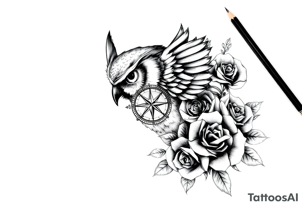an owl,compass,roses, tattoo idea