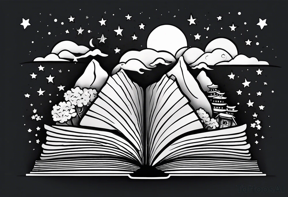Open book with stars and mountains in a cartoon minimalistic design. Incorporate sushi rolls subtly tattoo idea