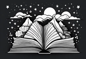 Open book with stars and mountains in a cartoon minimalistic design. Incorporate sushi rolls subtly tattoo idea