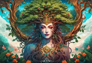 The deity Pan is entwined in a tree which is a portal in a other dimension tattoo idea