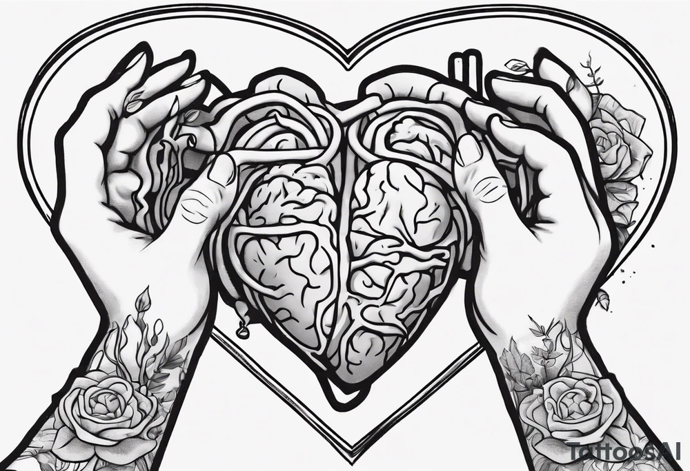 Heart and brain in line art, held down by a woman's hand holding them by string tattoo idea