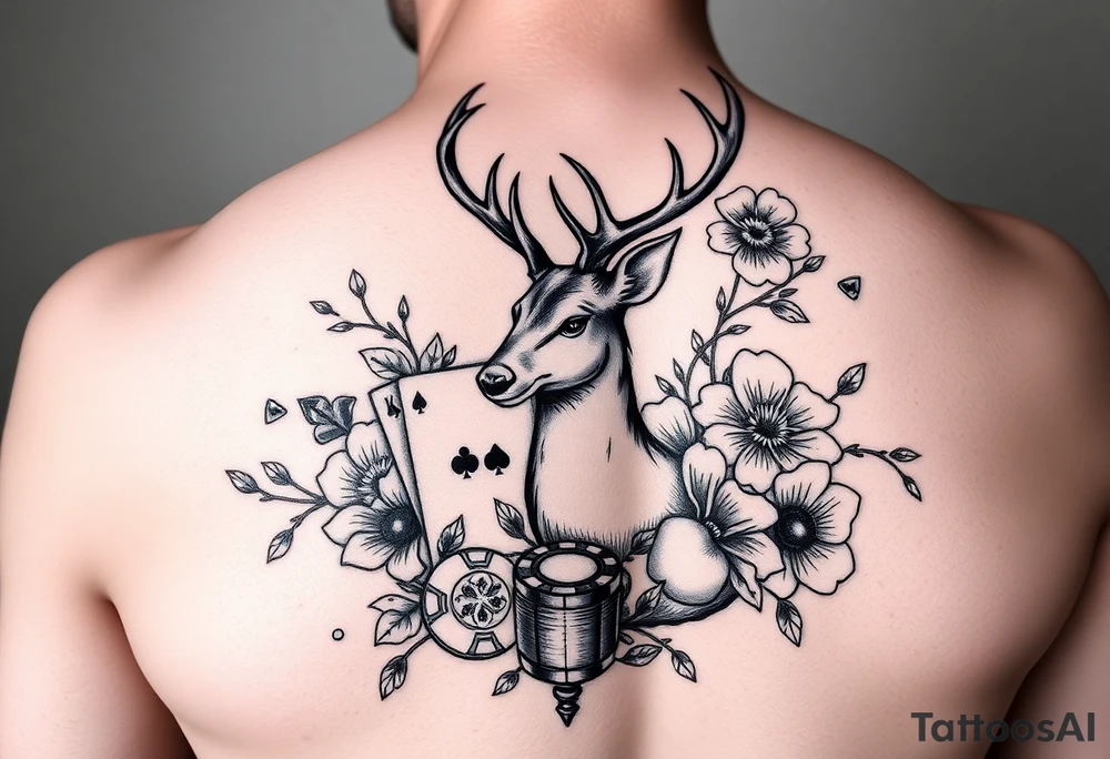 Casino theme with deer cards, dice poker, chips, and flowers and swirls in the background for a sleeve half sleeve tattoo idea