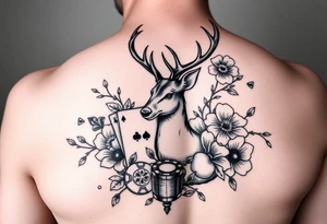 Casino theme with deer cards, dice poker, chips, and flowers and swirls in the background for a sleeve half sleeve tattoo idea