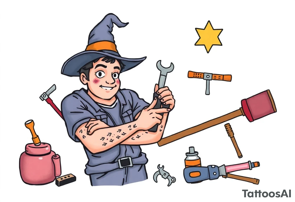 Handsome young adult guy is  occasionally found witch supplies, tools, equipment tattoo idea